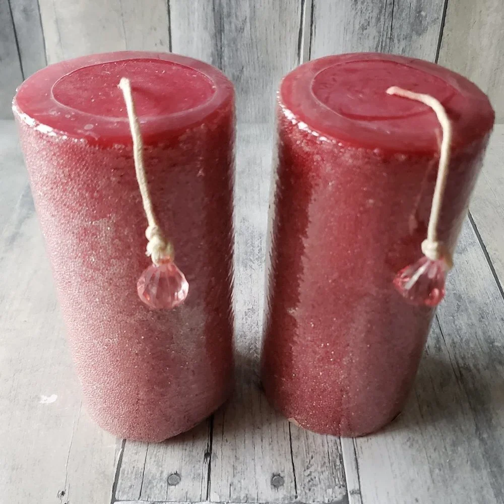 NWT -  (Set of 2) Red Pillar Wax Burning Candles - with Clear Sparkle